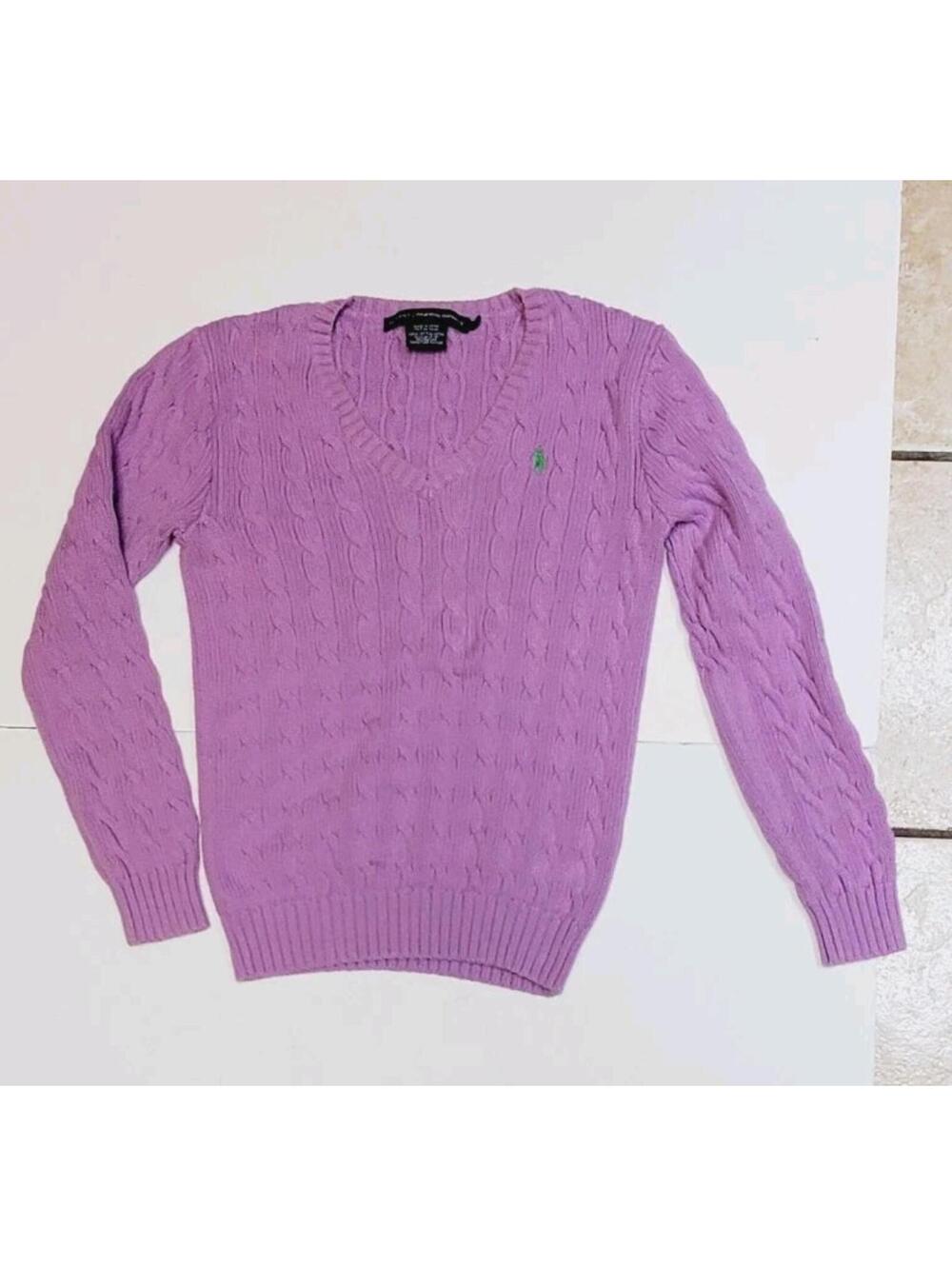 Ralph Lauren Lilac Purple V Neck Cable Knit Jumper Size M RL Green Small Pony